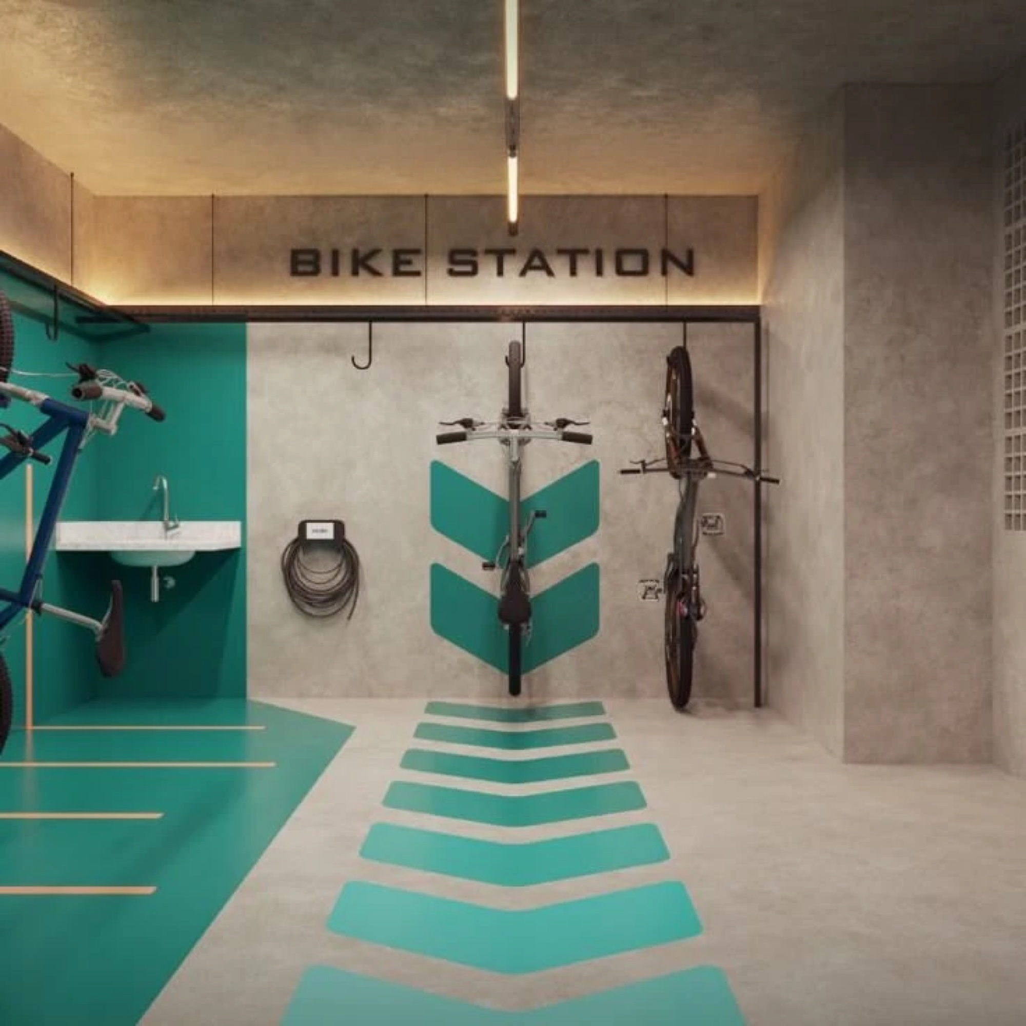 Bicicletário com pintura e sinalização visual em turquesa